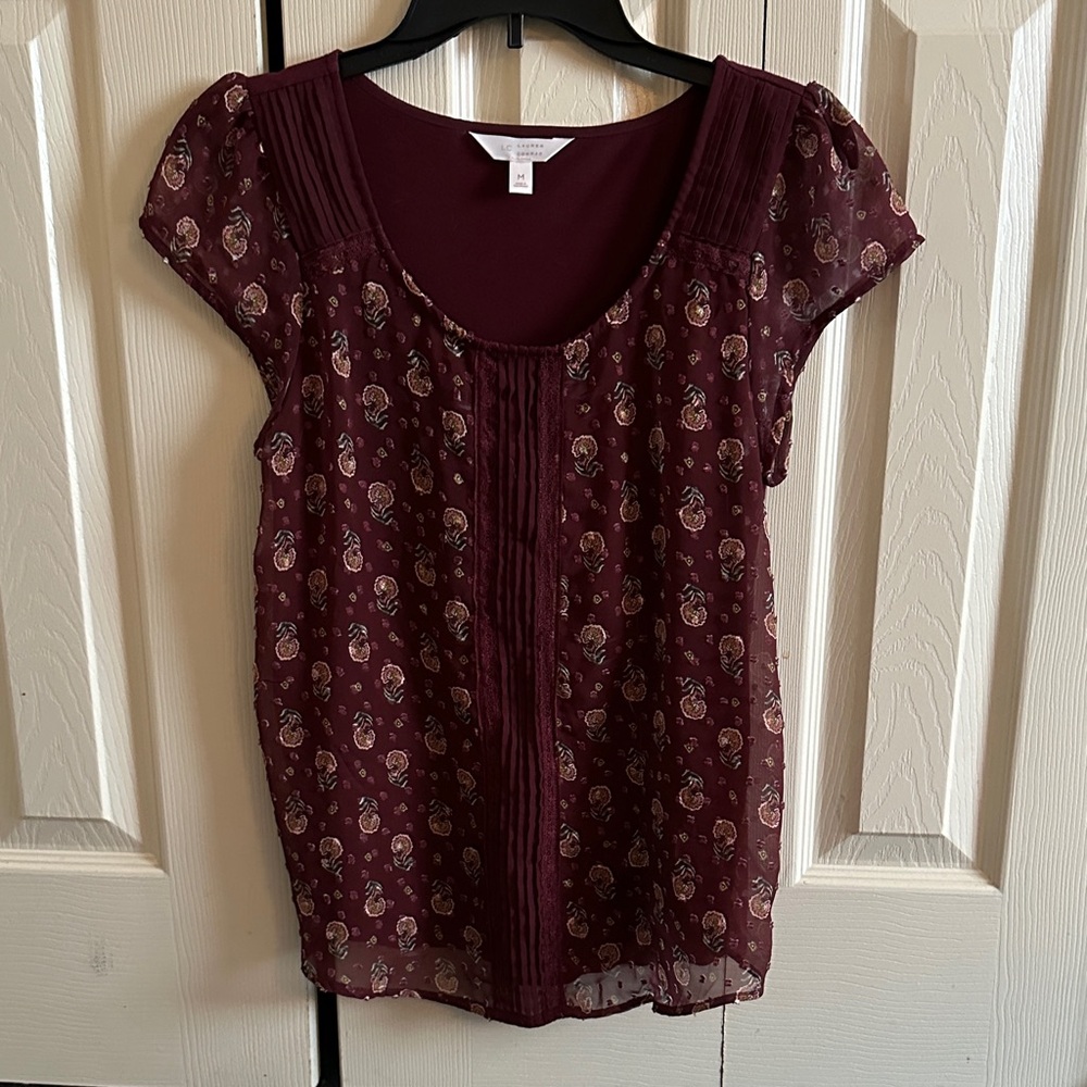 LC Lauren Conrad Burgundy Floral Blouse